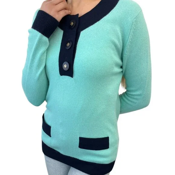 CHANEL Vintage 97C CC Logo Sweater Knit Top #S Green Dark Blue